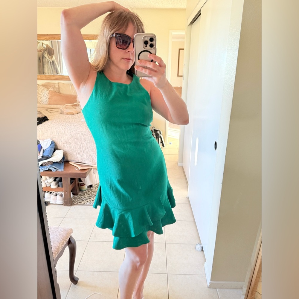 Kentucky Derby Bardot Green Ruffle Hem Mini Dress
